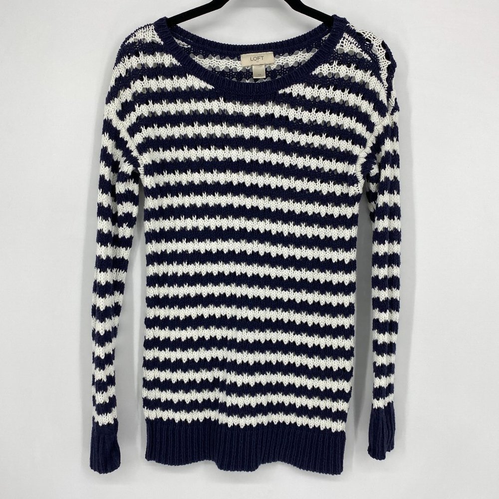 Loft Navy Blue White Striped Open Knit Sweater